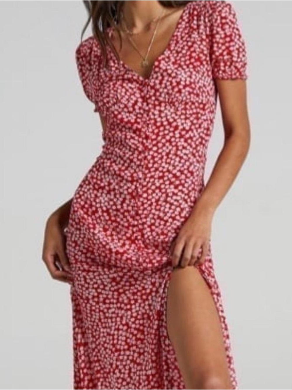 Showpo Red Floral V-Neck Maxi Dress with Side Slit
